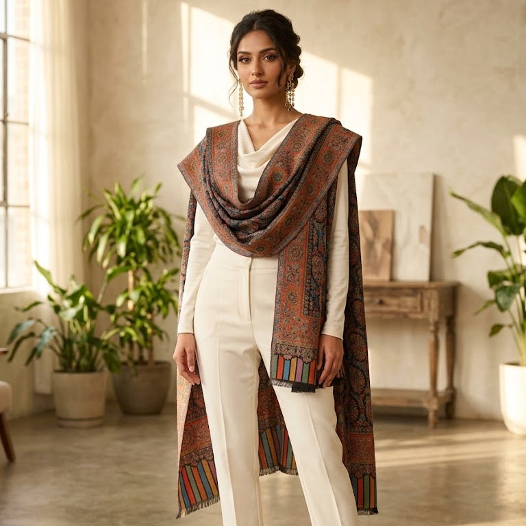 A woman stands in a bright, sunlit room wearing a white outfit and a long patterned shawl draped over her shoulders. The shawl has a warm brown base with intricate multicolor motifs and striped border details.