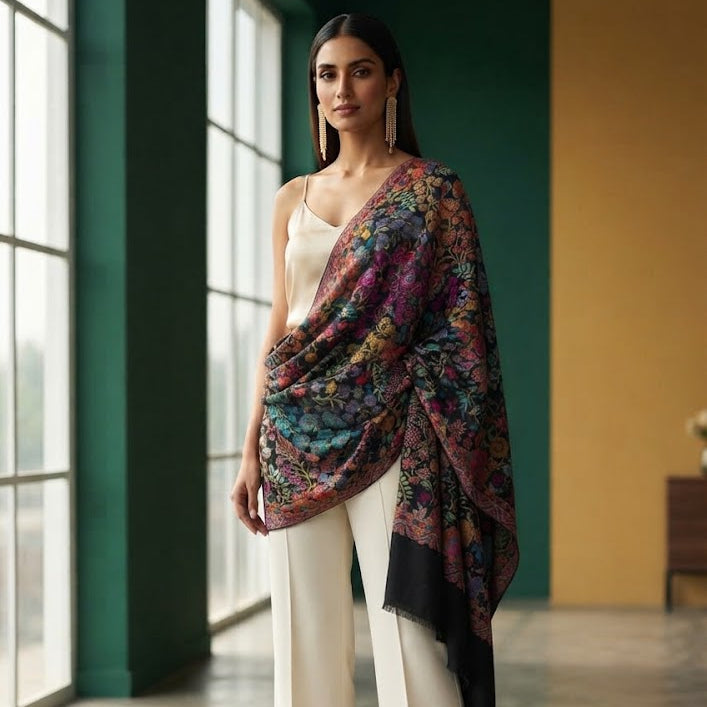 Black Multicolor Kani Wool Stole 