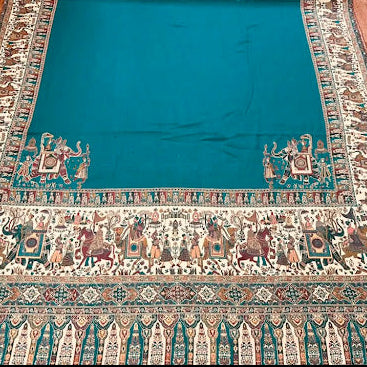 Teal Blue Kalamkari Wool Shawl - Double Border Paisley Design for Weddings & Gifting