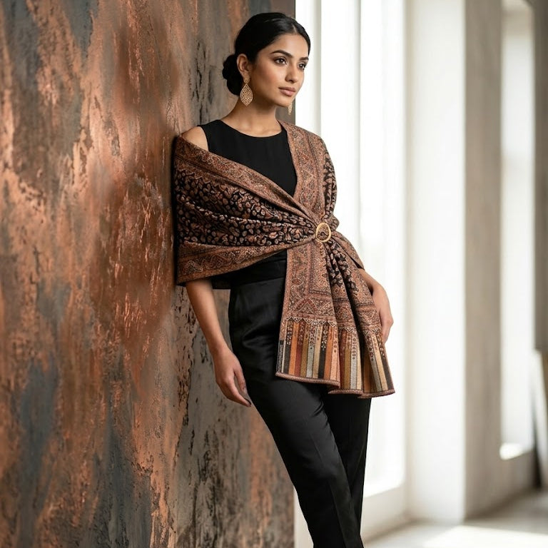 A woman models a brown and black patterned shawl draped over her shoulders, paired with a black top and black trousers, leaning against a textured brown wall in a bright interior setting.