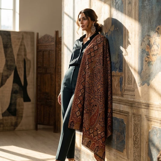 A woman stands in a sunlit room with ornate wall panels and tapestries, wearing a dark navy outfit and a long patterned shawl draped over her arm. The shawl features a rich rust red, brown, and black paisley and geometric design.