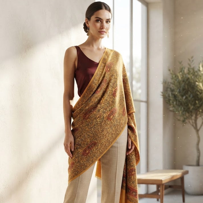 A woman models a draped mustard yellow and gold patterned shawl over a dark burgundy top and beige trousers in a bright, sunlit room with a bench and potted plant.
