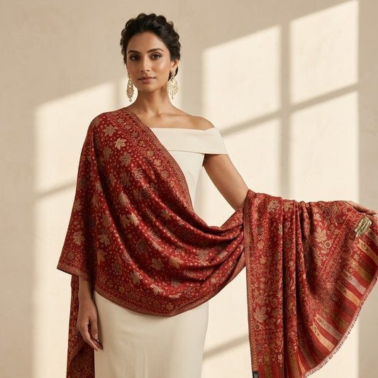 Woman wearing a red patterned shawl over a white outfit in a softly lit room.