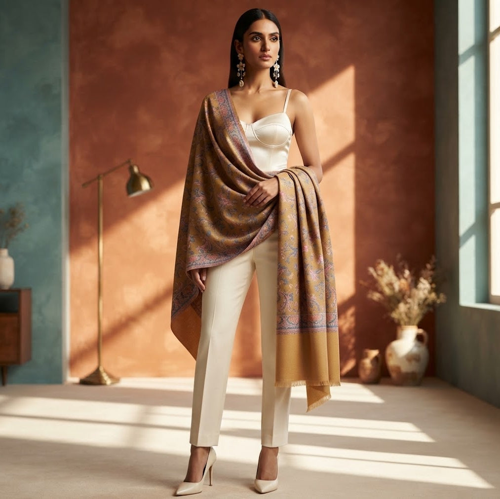 A woman stands in a sunlit room wearing a white camisole, white pants, and beige heels, with a large patterned shawl draped over her shoulders. The shawl is the apparent product, featuring a warm tan and brown base with ornate blue and purple border detailing.
