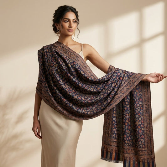 Woman wearing a patterned scarf draped over one shoulder against a neutral background