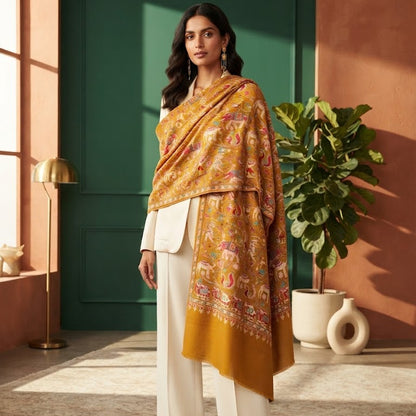 A woman models a mustard yellow and orange patterned shawl draped over a white pantsuit in a styled indoor setting with a green door, terracotta wall, and potted plant.