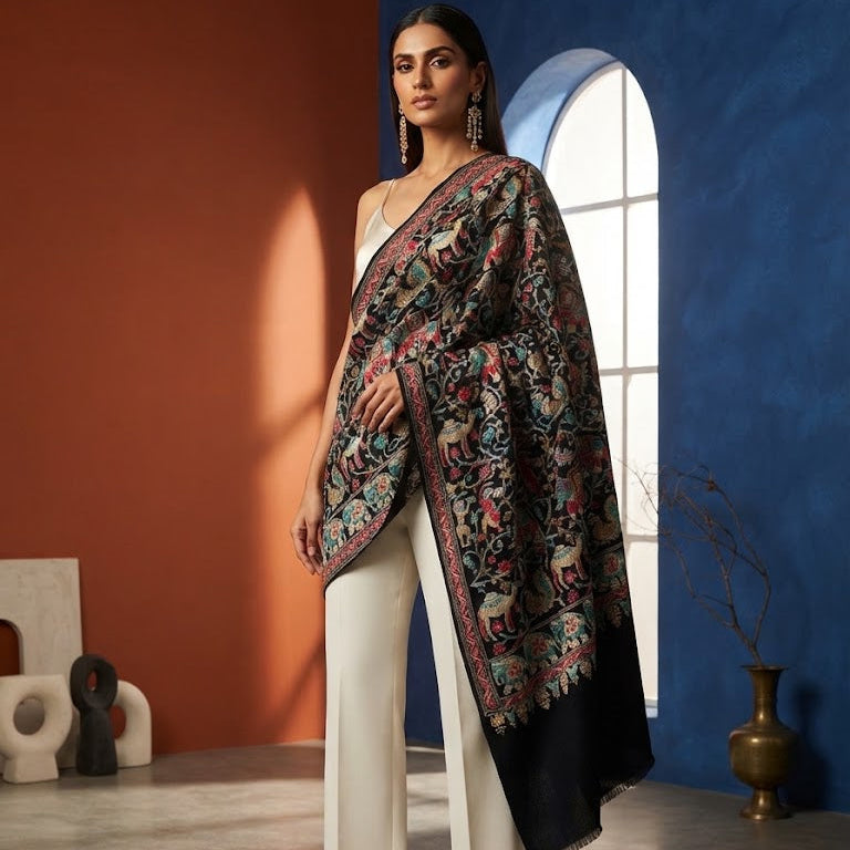 A woman models a long, dark floral-patterned shawl draped over her shoulders, paired with white wide-leg trousers and black heels, set against a split terracotta and blue wall background.