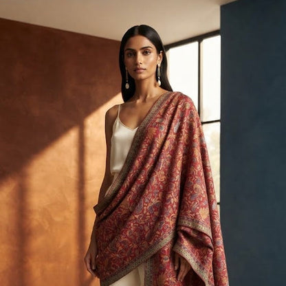 A woman models a draped red and gold patterned shawl over a white sleeveless top and wide-leg white trousers in a modern studio with warm brown and blue walls.