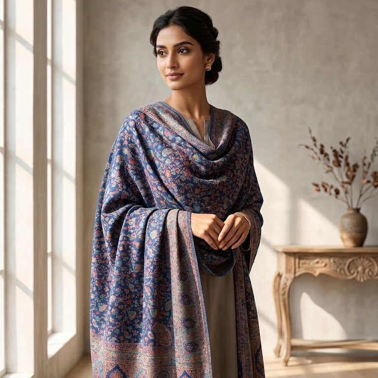 navy blue silk wool kani jamawar shawl