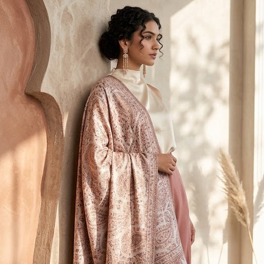 A woman stands in a sunlit interior wearing a flowing light pink patterned shawl draped over her shoulders, a white blouse, dusty rose trousers, and strappy high-heeled sandals.