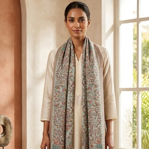 Woman wearing a patterned scarf in a bright room with large windows.