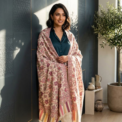 A woman stands indoors wearing a light pink shawl with a floral pattern and multicolored striped fringe, layered over a dark teal blouse and cream trousers. The background features a dark paneled wall, a small side table with ceramic vases, and a potted olive tree.