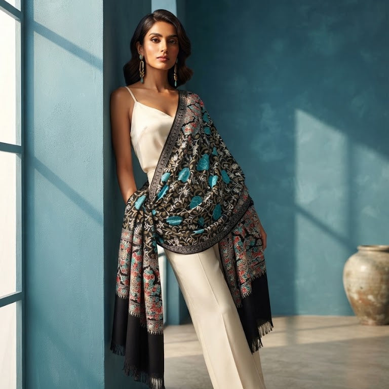 A woman models a black shawl with intricate multicolor floral and bird patterns, draped over her shoulders, paired with a cream-colored camisole and trousers in a blue-toned room.