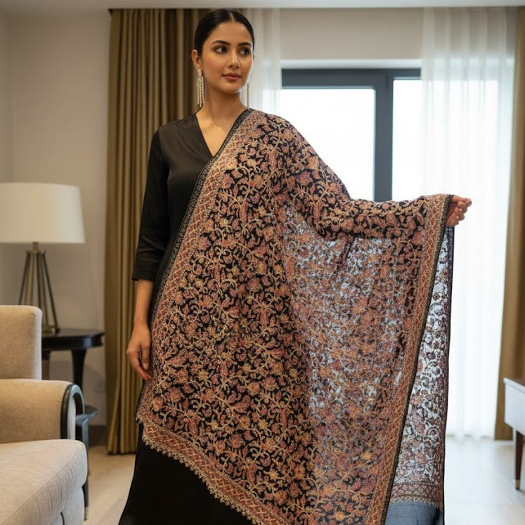 Woman holding a patterned scarf in a room with furniture and decor.