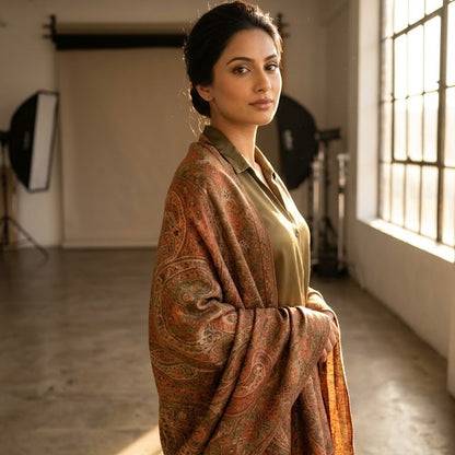 A woman stands in a sunlit studio wearing a draped paisley shawl in rust orange, brown, and beige over an olive green top. Studio lights and equipment are visible in the background near a large window.