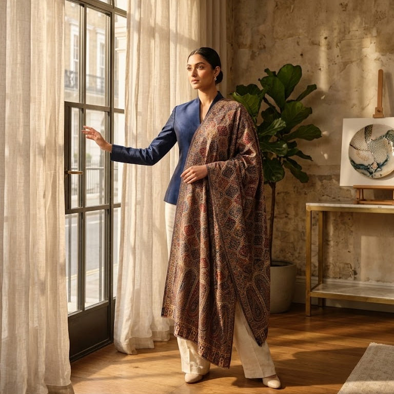 A woman stands in a sunlit room by a large arched window, wearing a blue blazer, white pants, and a long patterned shawl draped over her shoulders. The room has warm wood floors, sheer curtains, a textured plaster wall, and a potted plant.