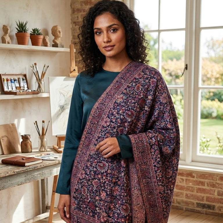A woman stands in a sunlit studio or room wearing a dark teal top and a large patterned shawl draped over her shoulders. The shawl has an intricate floral and ornamental print in deep purple, burgundy, and muted pink tones.