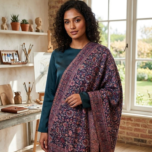 A woman stands in a sunlit studio or room wearing a dark teal top and a large patterned shawl draped over her shoulders. The shawl has an intricate floral and ornamental print in deep purple, burgundy, and muted pink tones.