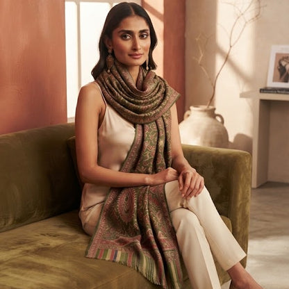 A woman sits on a green velvet sofa in a warmly lit room, wearing a cream sleeveless top, cream pants, and nude heels, with a patterned multicolor scarf draped around her neck.