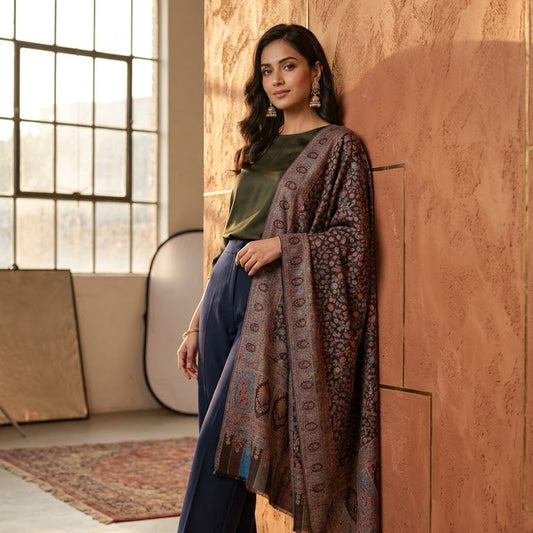 A woman models a traditional Indian shawl with intricate paisley and floral patterns in brown, gold, and blue, draped over a green top and navy blue trousers in a warm, rustic studio setting.
