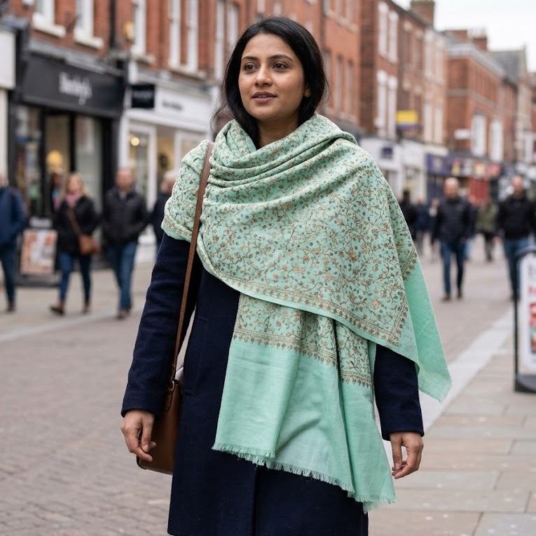 A woman walking on a city street wearing a light mint green patterned shawl draped over her shoulders, paired with a dark navy coat and trousers.