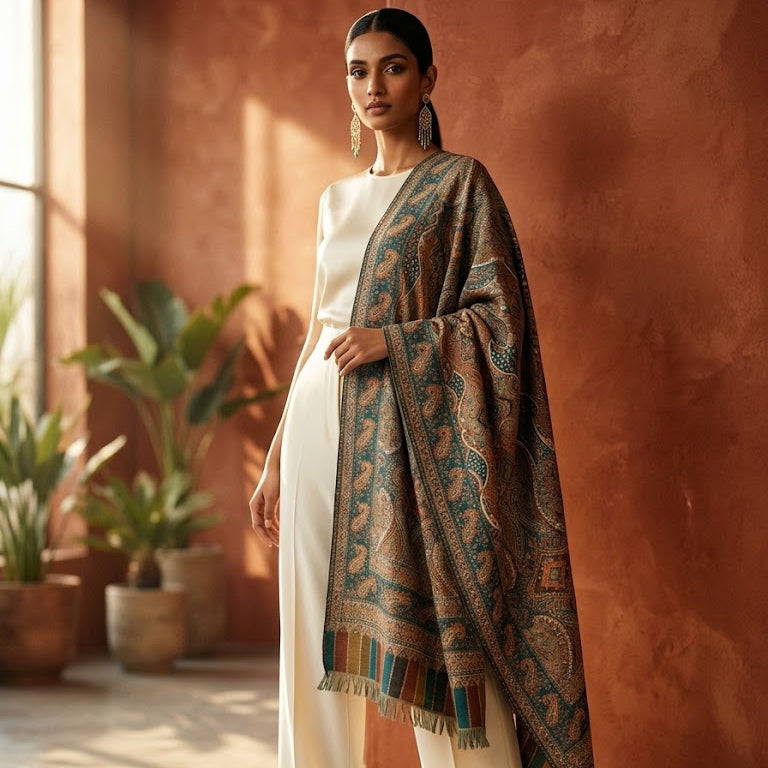 A woman models a traditional patterned shawl draped over a white outfit in a warm, sunlit room with terracotta walls and potted plants.