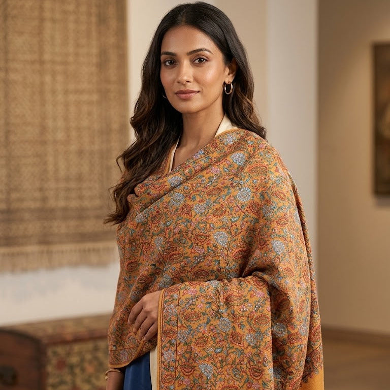 Mustard Yellow Sozni Jaal Embroidery Shawl