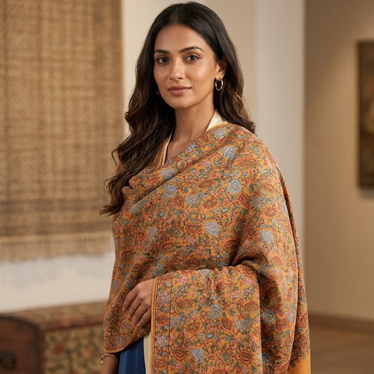 Mustard Yellow Sozni Jaal Embroidery Shawl