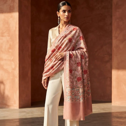 A woman models a light pink shawl with red floral motifs and a printed border, styled over a beige blazer and white wide-leg trousers in a warm, sunlit architectural setting.