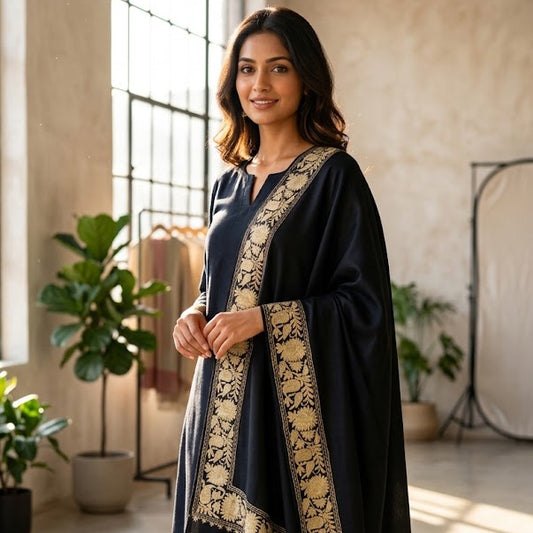 A woman modeling a black kurta with gold embroidered borders and a matching black dupatta draped over her shoulders, set in a bright, modern loft studio with large windows and plants.