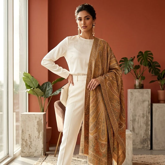 A woman models a stylish outfit featuring a cream long-sleeve top and matching trousers, paired with a draped brown and gold paisley shawl, in a warm-toned room with plants.