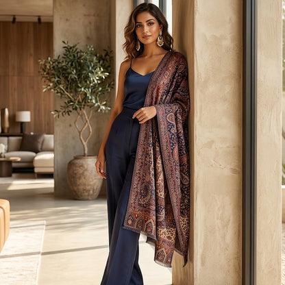 A woman stands indoors by a large window wearing a navy blue sleeveless top and matching wide-leg pants, with a patterned shawl draped over her shoulders in rust, brown, and gold tones.