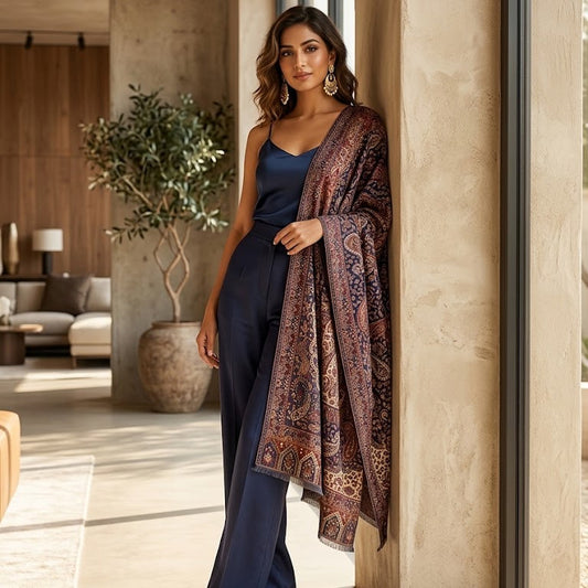 A woman stands indoors by a large window wearing a navy blue sleeveless top and matching wide-leg pants, with a patterned shawl draped over her shoulders in rust, brown, and gold tones.
