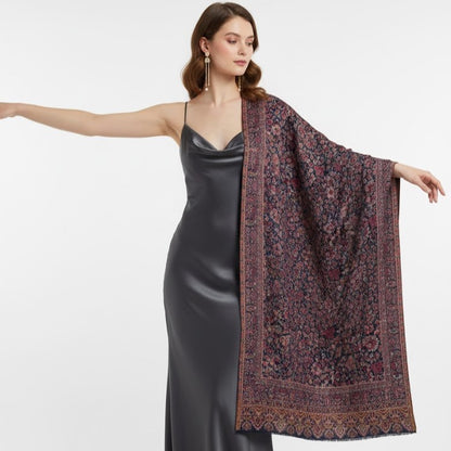 Kani shawl in navy blue on a female model