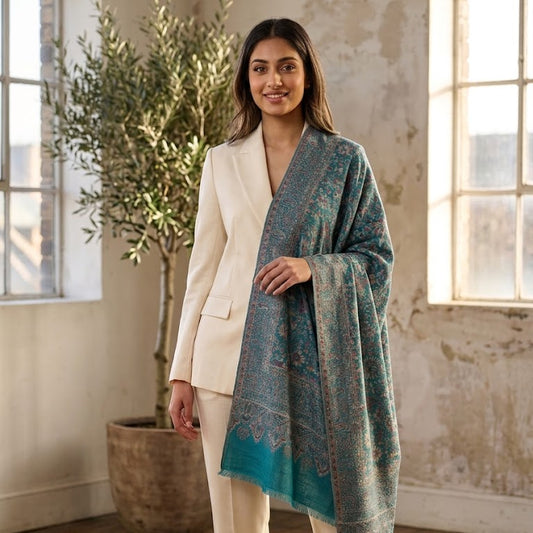 A woman stands in a bright, rustic room wearing a cream blazer and trousers, draped with a teal and blue patterned shawl.