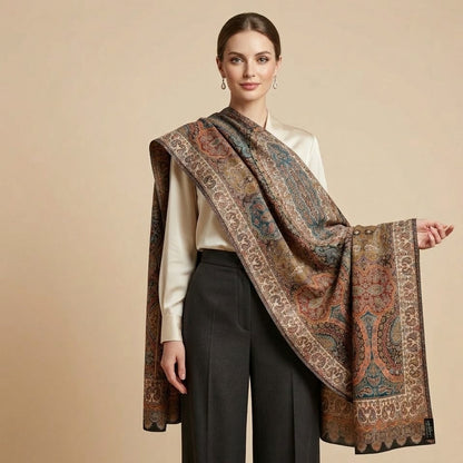 Woman wearing a patterned scarf on a beige background