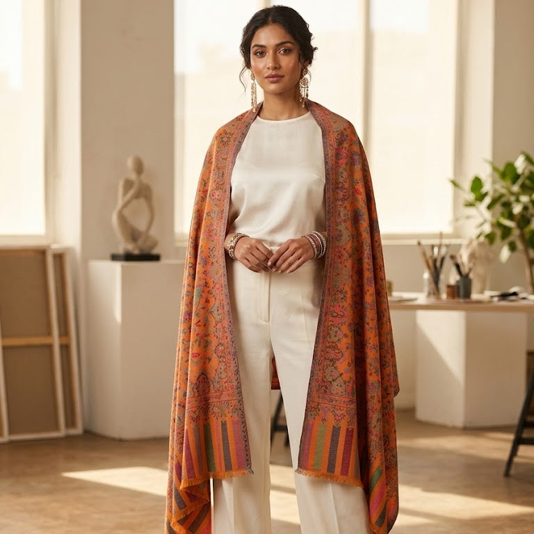 A woman stands in a bright, modern studio wearing a white outfit and draped over her shoulders is a large multicolored patterned shawl with orange, red, green, and yellow tones.