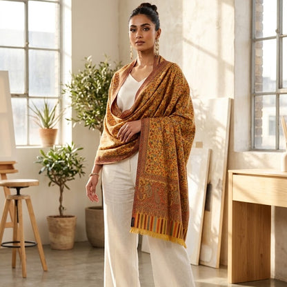 A woman models a golden-brown patterned shawl with yellow fringe over a white top and white wide-leg trousers in a bright, modern studio with large windows and plants.