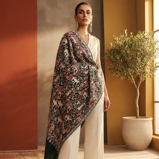 A woman models a dark green shawl with an intricate multicolor floral and paisley pattern, styled over a white sleeveless top and white wide-leg trousers in a warm, sunlit interior setting.