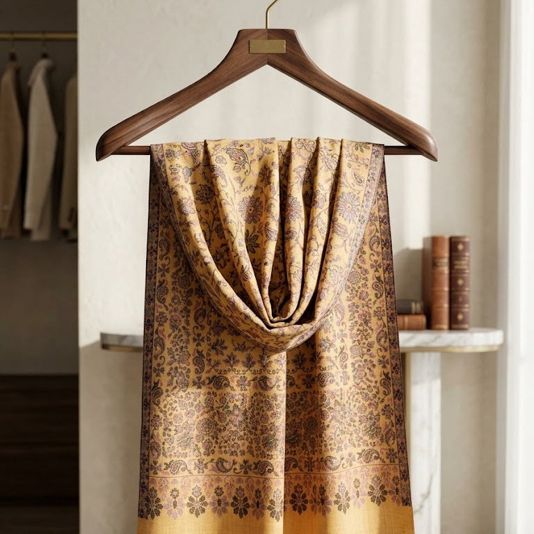 A patterned shawl draped over a wooden hanger, set against a softly lit interior background with a marble side table and books.