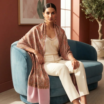 A woman sits on a blue velvet lounge chair in a warm-toned room, wearing a shawl with a brown and pink paisley pattern and a solid light pink border over a cream outfit.