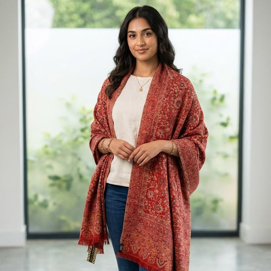 A woman modeling a rust-red and orange patterned shawl wrap with fringe, worn over a white top and blue jeans in a bright indoor space with large windows.