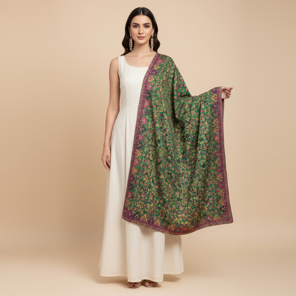 Woman holding a green floral shawl over her shoulder against a beige background