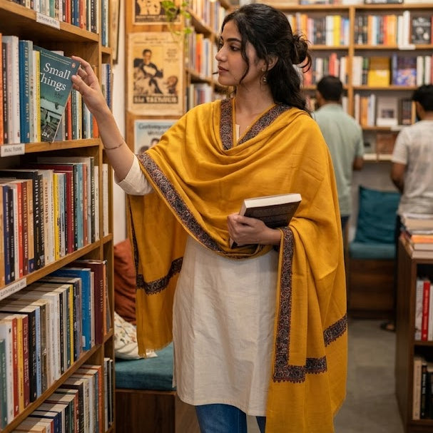 A woman in a cozy bookstore aisle, wearing a mustard yellow shawl with dark borders over a cream kurta and blue jeans, reaching for a book on a wooden bookshelf.