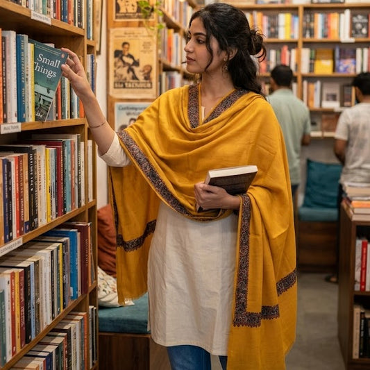 A woman in a cozy bookstore aisle, wearing a mustard yellow shawl with dark borders over a cream kurta and blue jeans, reaching for a book on a wooden bookshelf.