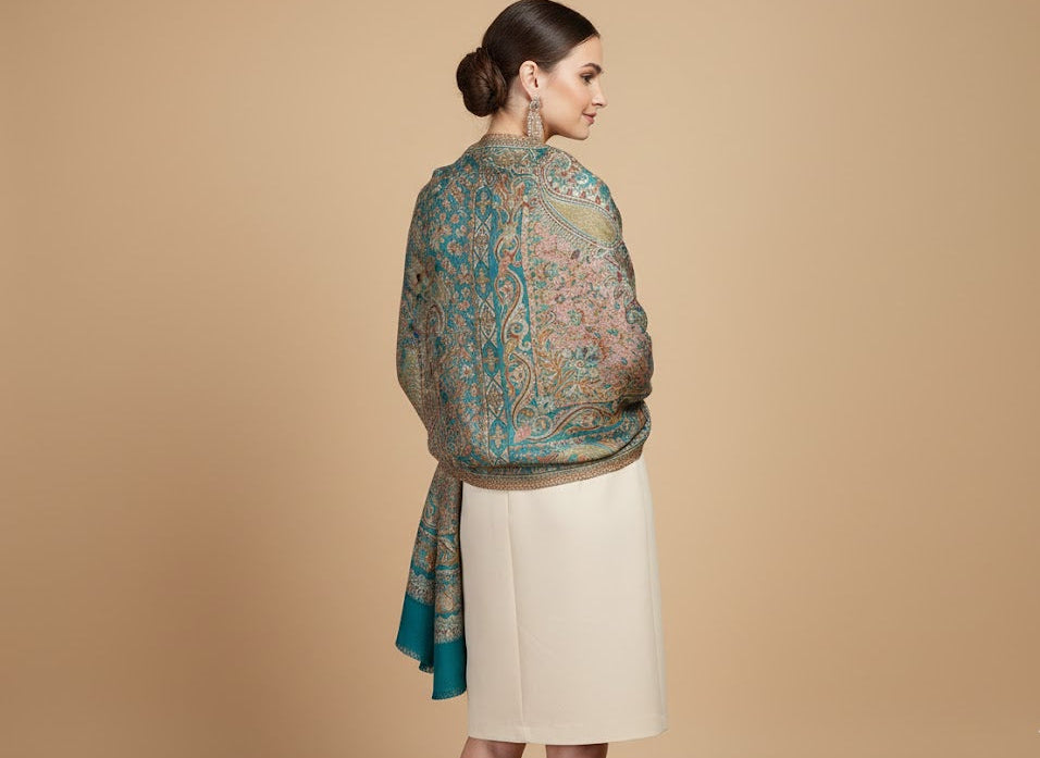 Woman wearing a deep teal blue patterned jamawar kani pure wool shawl over a plain garment on a beige background
