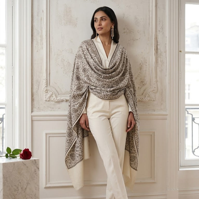 A woman stands in a bright, elegant room wearing a draped shawl with a gray and white floral pattern over a white blouse, cream trousers, and beige heels.