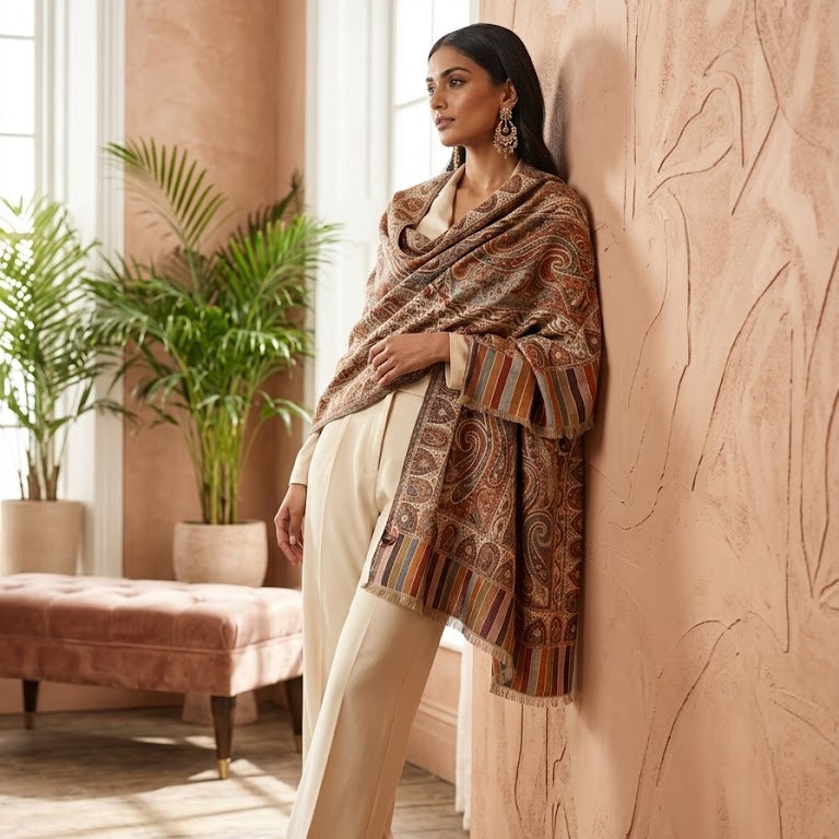 A woman stands in a warm, sunlit room wearing a brown and beige paisley shawl draped over cream-colored wide-leg trousers. She is posed against a textured peach-pink wall next to a pink velvet bench and potted plants.