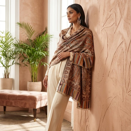 A woman stands in a warm, sunlit room wearing a brown and beige paisley shawl draped over cream-colored wide-leg trousers. She is posed against a textured peach-pink wall next to a pink velvet bench and potted plants.