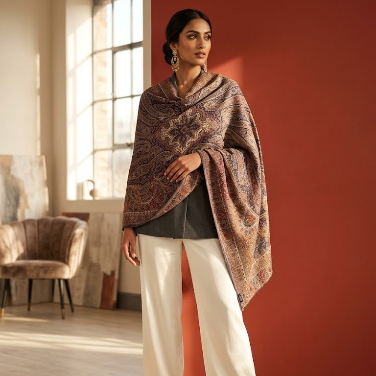 A woman stands in a sunlit room wearing a large patterned shawl draped over her shoulders, paired with white wide-leg pants, a dark top, and black heeled sandals. The background features a warm terracotta wall, a window, and a velvet armchair.
